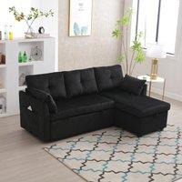 Stylish Sectional Sleeper Sofa with Reversible Storage Chaise, 3-In-1 L-Shaped Sofa with Corduroy Upholstery, 206L x 130W x 88H cm, Black Aosom UK