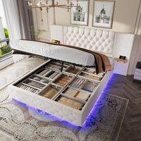 Modern Bed Frame with Wide Button-Tufted Headboard, Integrated LED Lighting, Bed Base with USB-C Ports, 209L x 221W x 103H cm, Beige Aosom UK