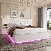 Spacious Platform Bed with Hydraulic Lift System, Modern Bed Frame with Wide Headboard and Tufting Button, 190L x 135W x 103H cm, Beige Aosom UK