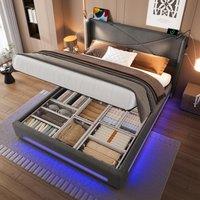 Modern Storage Bed Frame with Integrated Reading Lamps, Bed Base with USB and Type-C Charging Ports, 199L x 142W x 106H cm, Dark Gray Aosom UK