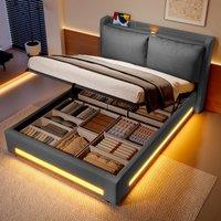 Modern Upholstered Bed with Headboard Shelf and Dual USB‑C Ports, Double Bed with LED Lighting, 142.5L x 200W x 114H cm, Dark Gray Aosom UK