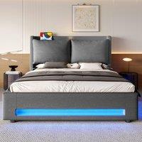 Modern Upholstered Bed with Dual USB‑C Ports and LED Lighting, Bed Frame with Hydraulic Lift Storage, 152.5L x 210W x 114H cm, Dark Gray Aosom UK