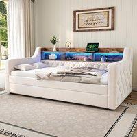 Space-Saving Sofa Bed with Adjustable LED Lighting and USB-C Port, Bed Frame with Built-in Storage Shelf, 201L x 107W x 75H cm, Beige Aosom UK