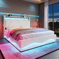 Functional Bed with Additional Under-Bed Storage, Bed Frame with Wavy LED Side Lighting and USB Ports, 143L x 211W x 115.5H cm, Beige Aosom UK