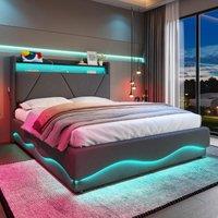 Functional Bed with Additional Under-Bed Storage, Bed Frame with Wavy LED Side Lighting and USB Ports, 143L x 211W x 115.5H cm, Dark Gray Aosom UK