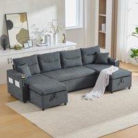 Contemporary 4-Seater Fabric Sofa with 2 Chaise Longues, Minimalist U-Shaped Couch with Cup Holders, 272L x 136W x 86H cm, Dark Gray Aosom UK
