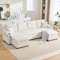 Contemporary 4-Seater Sofa with 2 Chaise Longues, Ribbed Corduroy Couch with Built-In Cup Holders, 272L x 136W x 86H cm, Beige Aosom UK