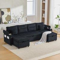 Contemporary 4-Seater Sofa with 2 Chaise Longues, Ribbed Corduroy Couch with Built-In Cup Holders, 272L x 136W x 86H cm, Black Aosom UK