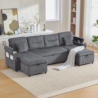 Contemporary 4-Seater Sofa with 2 Chaise Longues, Ribbed Corduroy Couch with Built-In Cup Holders, 272L x 136W x 86H cm, Charcoal grey Aosom UK