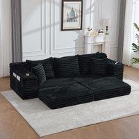 Convertible Sofa Bed with High Backrest and Extra Pillow, Ribbed Corduroy Couch with Dual Side Pockets, 107.5L x 38.5W x 34H cm, Black Aosom UK
