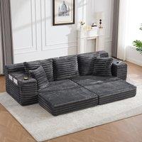 Convertible Sofa Bed with High Backrest and Extra Pillow, Ribbed Corduroy Couch with Dual Side Pockets, 107.5L x 38.5W x 34H cm, Dark Gray Aosom UK