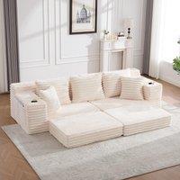 Convertible Sofa Bed with High Backrest and Extra Pillow, Ribbed Corduroy Couch with Dual Side Pockets, 107.5L x 38.5W x 34H cm, Beige Aosom UK
