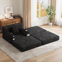 Corduroy Sleeper Chair with Ottoman and Metal Frame, Convertible 1-Seater Sofa Bed with High Backrest, 107L x 162W x 81H cm, Black Aosom UK