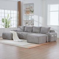4-Seater Modular Cord Sofa with 2 Ottomans and Integrated CupHolders, Sectional Sofa for Living Rooms, 333L x 174W x 80H cm, Light Gray Aosom UK