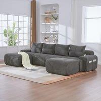 4-Seater Modular Cord Sofa with 2 Ottomans and Integrated CupHolders, Sectional Sofa for Living Rooms, 333L x 174W x 80H cm, Dark Gray Aosom UK