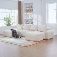 4-Seater Modular Cord Sofa with 2 Ottomans and Integrated CupHolders, Sectional Sofa for Living Rooms, 333L x 174W x 80H cm, Beige Aosom UK