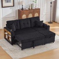 Multifunctional Corduroy Sofa Bed with Hidden Storage, LED-Lighted Guest Couch for Family Film Nights, 196L x 82W x 85H cm, Black Aosom UK