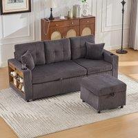 Modern Corduroy Sofa Bed with Pull-Out Bed, Storage and LED Lighting, Plush Sleeper Couch for Living Rooms, 196L 82W 85H cm, Dark Gray Aosom UK