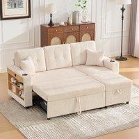 Multifunctional Sofa Bed with Hidden Storage and PullOut Bed, LED-Lighted Guest Couch with Wide Armrests, 196L x 82W x 85H cm, Beige Aosom UK