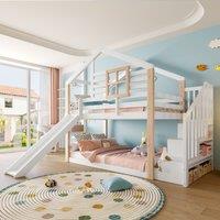 Modern Minimalist Kids Bunk Bed with Slide and Storage Stairs, Wood House Bed for Siblings and Sleepovers, 194L x 90W x 206H cm, White Aosom UK