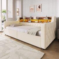 Cozy Velvet Single Bed Frame with Built-In USB and Type-C Ports, Soft Upholstered Platform Bed with 2 Drawers, 200L x 107W x 80H cm, Beige Aosom UK