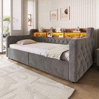Modern Velvet Storage Bed with LED Headboard and 2 Drawers, Padded Single Bed Frame for Guest Rooms, 200L 107W 80H cm, Dark Gray Aosom UK