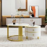 2-In-1 Round Coffee Table Set with High-Gloss Tops, Space-Saving Center Table Set with 2 Drawers, 70L x 70W x 46H cm, White Aosom UK