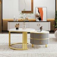 2-In-1 Round Coffee Table Set with High-Gloss Tops, Space-Saving Center Table Set with 2 Drawers, 70L x 70W x 46H cm, White+Gray Aosom UK