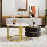 2-In-1 Round Coffee Table Set with High-Gloss Tops, Space-Saving Center Table Set with 2 Drawers, 70L x 70W x 46H cm, White+Black Aosom UK