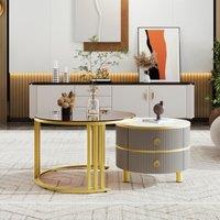 Stylish 2-In-1 Round Coffee Table Set with High-Gloss Top, Space-Saving Center Table Set with 2 Drawers, 70L x 70W x 45H cm, Grey+Brown Aosom UK