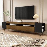Modern TV Cabinet with 2 Front Doors and Open Side Compartments, Durable TV Stand with Cable Outlets, 180L x 36W x 43H cm, Black+Wood Aosom UK