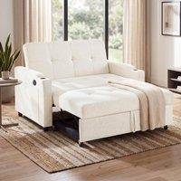 Convertible Sofa Bed with Adjustable Backrest, Functional Sleeper with USB & Type-C Charging, 135L x 173W x 58H cm, Off White Aosom UK