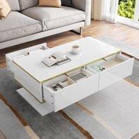 Modern LED Coffee Table with High-Gloss Finish and Gold Accents, Illuminated Unit with Drawers and Storage, 100L x 50W x 40H cm, White Aosom UK