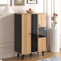 Modern Display Cabinet with Decorative Glass Doors, Versatile Sideboard with 3 Adjustable Shelves, 80L x 120W x 40H cm, Black+Wood Aosom UK