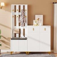 Practical Wardrobe Set with Shoe Bench and Cushion, Wave Texture, Closet Set Perfect for Entryway, 60.5L x 35W x 180.5H cm, White Aosom UK