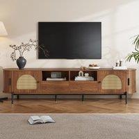 Space-Saving TV Stand with 2 Sliding Doors and 2 Drawers, Stylish TV Cabinet with Rattan Doors and Metal legs, 200L x 40W x 50H cm, Walnut Aosom UK
