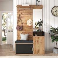 Elegant Hallway Wardrobe Set with Mirror, Shoe Cabinet, Coat Hooks, Bench Seat, Ideal for Entryway, 105L x 40W x 191H cm, Black+Natural Aosom UK