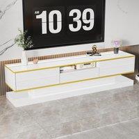 Modern LED TV Cabinet with High-Gloss Finish and Metallic Trim, Spacious Unit with Open Compartment, 180L x 38W x 45H cm, White Aosom UK