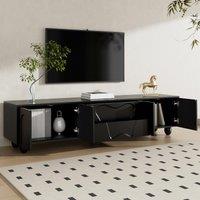 Minimalist TV Cabinet with Solid Wood Legs and Curved Doors, Spacious Storage Unit with Drawers and Shelves, 180L x 40W x 42H cm, Black Aosom UK