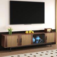 Modern TV Cabinet Lowboard with Carved Texture and Tempered Glass Doors, MDF and Particle Stand with Metal Frame, 200L x 35W x 53H cm, Wood Aosom UK