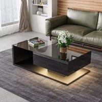 High-Gloss Coffee Table with Glass Top and LED Lights, Sofa Table with Practical Storage for Living Room, 105L x 55W x 32.5H cm, Black Aosom.UK