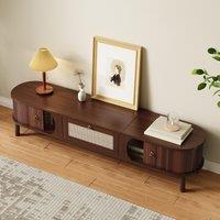 Modern Walnut TV Cabinet with Handwoven Rattan Drawers, Sliding-Door TV Stand with Solid Wood Legs, 170L x 39.5W x 38H cm, Walnut Aosom UK