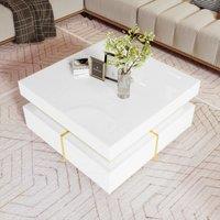 High-Gloss Coffee Table with Gold Accents and Drawers, Tea Table Perfect for Living Rooms and Apartments, 70L x 70W x 35.5H cm, White Aosom UK