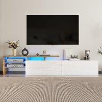 Modern TV Cabinet with Glass Shelves and LED Lighting, High-Gloss Media Cabinet for Living Room, 170L x 33W x 33.5H cm, White+Wood Aosom UK