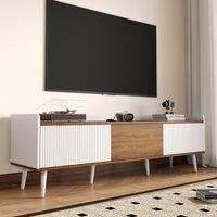 3 Doors TV Cabinet with Raised Edge and Wooden Legs, Media Cabinet Ideal for Modern Homes with Children, 160L x 39W x 49.5H cm, White Aosom UK