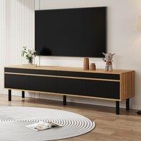 Elegant TV Cabinet with 4 Doors, Striped Design and Wooden Legs, Media Cabinet for Modern Homes, 170L x 38W x 47H cm, Black+Natural Aosom UK