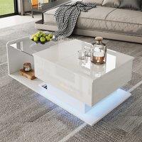 High-Gloss Coffee Table with Height and LED Lighting, Tea Table with Tempered Glass Top for Living Room, 100L x 50W x 33H cm, White Aosom UK