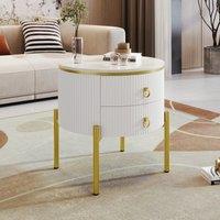 Modern Side Table with Marble-Effect Top and 2 Drawers, Durable Coffee Table with Adjustable Legs, 50L x 50W x 51H cm, White Aosom UK