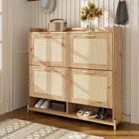 Modern Shoe Cabinet with Space-Saving 4-Door Design, Sturdy Storage Cabinet with Metal Frame and Top Shelf, 108.5L x 24W x 100H cm, Natural Aosom UK