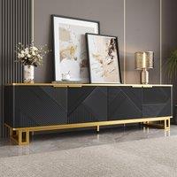 Modern TV Cabinet with 4 Geometric Embossed Doors and Open Top Shelf, Spacious TV Stand with Hidden Storage, 160L x 37.5W x 48H cm, Black Aosom UK